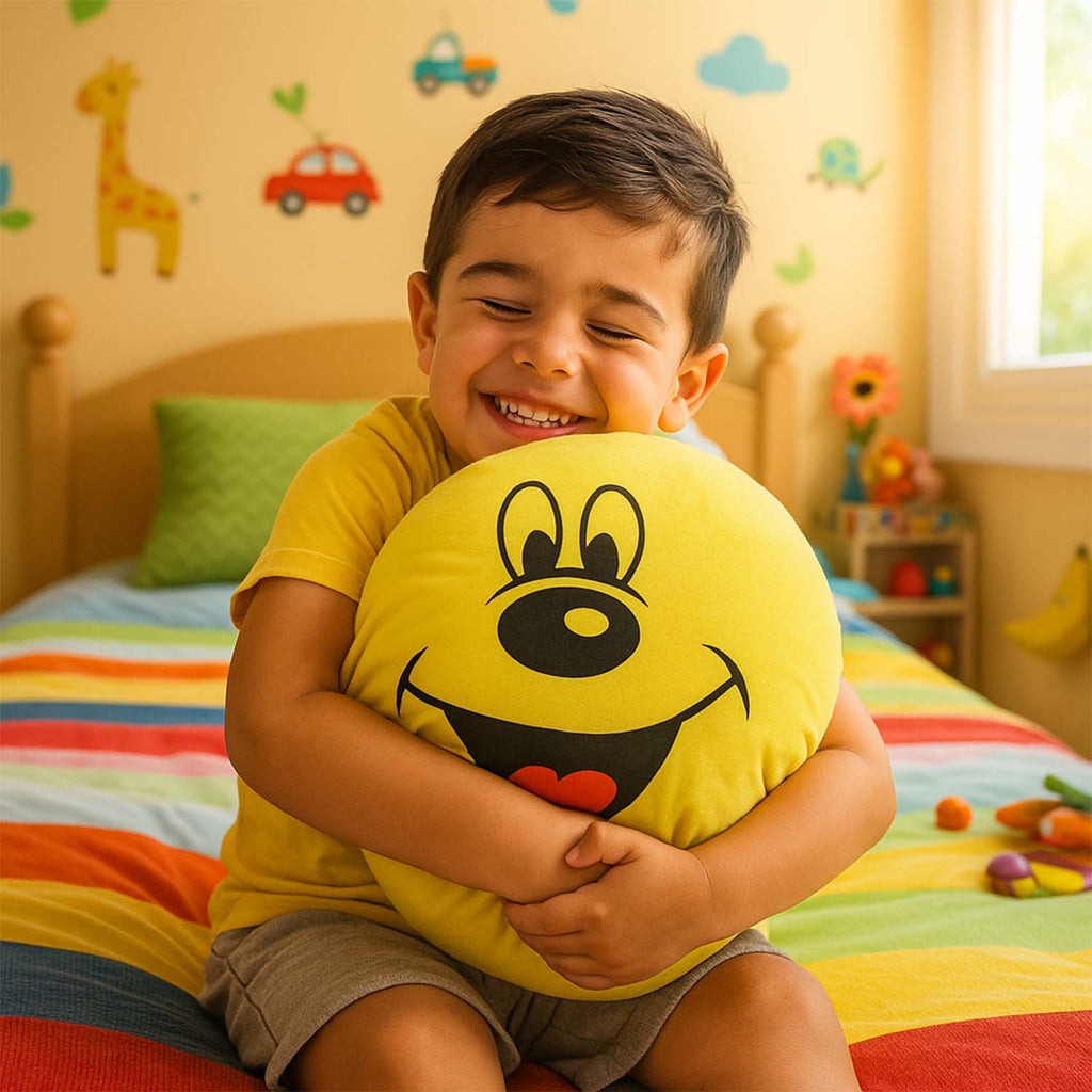 Front view of smiling face plush pillow cushion, soft and cozy