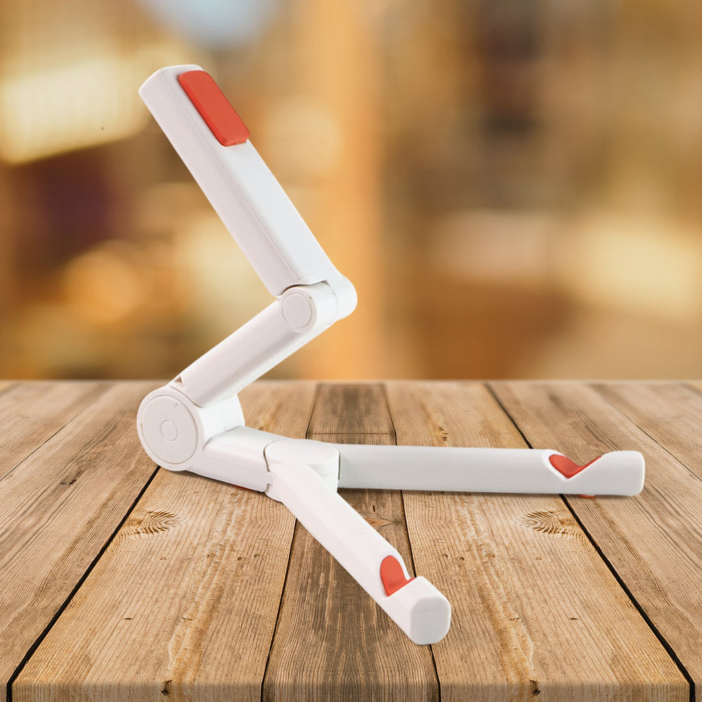 Foldable mobile phone and tablet stand showing sturdy construction and compact fold.