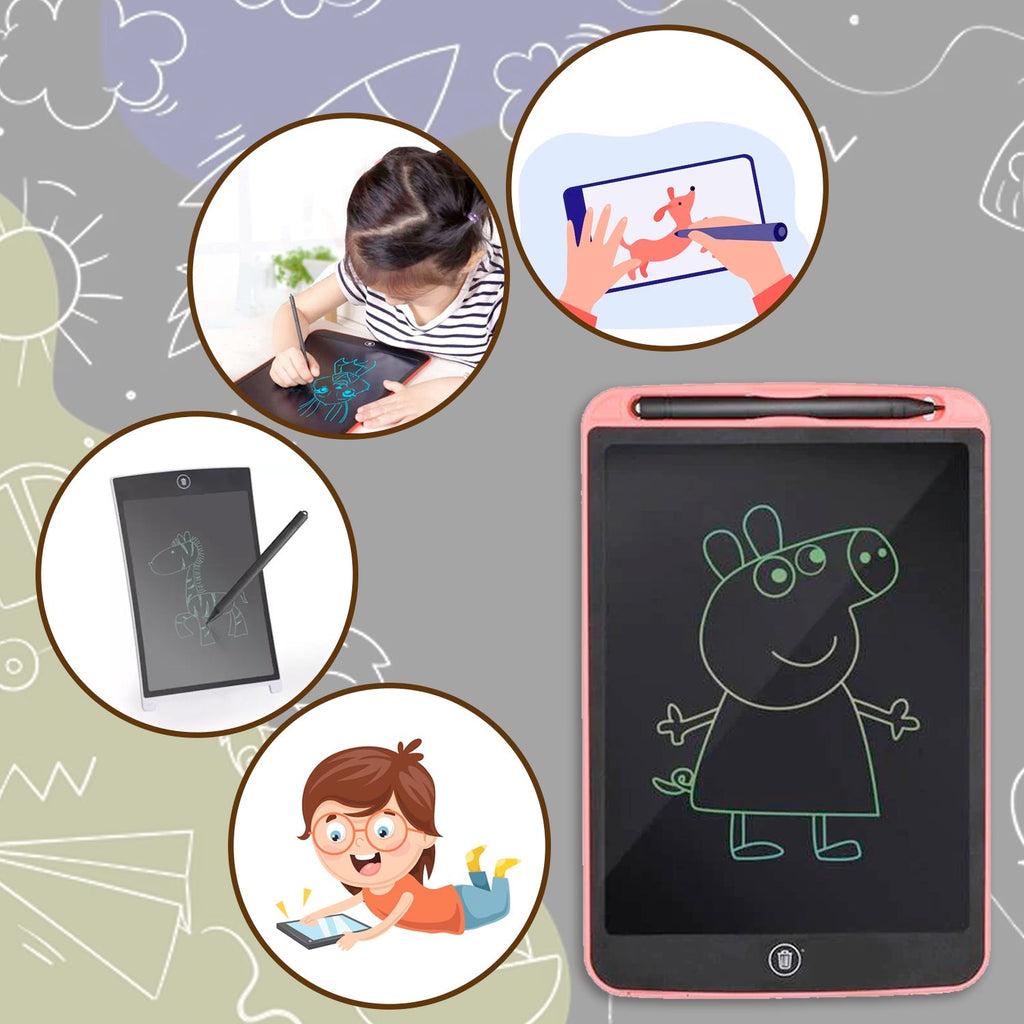 Close-up of the electronic doodle board screen and its included stylus.