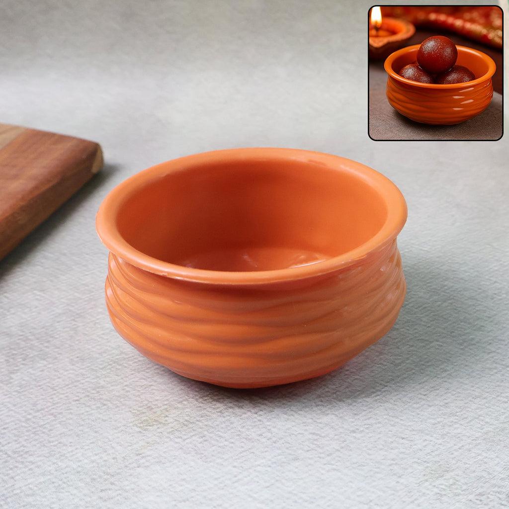 Front view of classic terracotta-style serving bowl