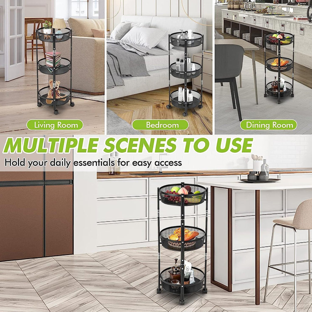 Rolling utility cart with 3 mesh storage tiers for home use