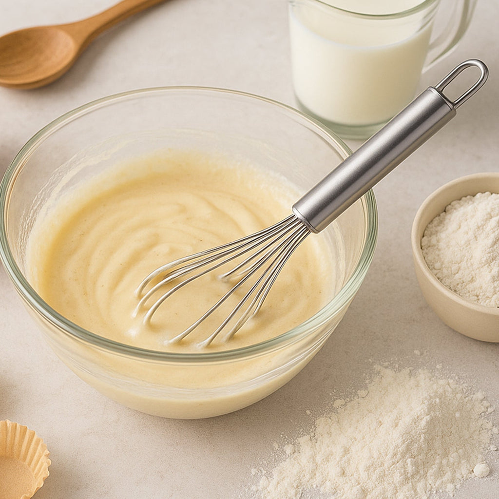 Polished stainless steel whisk for whipping and stirring ingredients